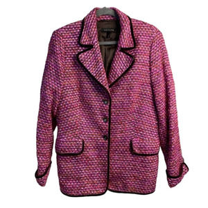 Escada Pink Tweed Blazer Jacket Womens Size 42 Velvet Trim Boucle Single Breast